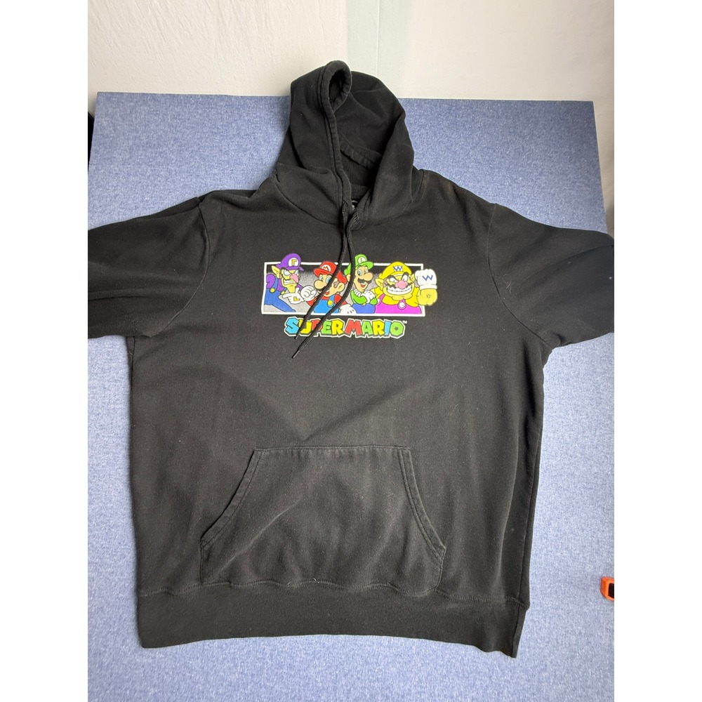 Nintendo Super Mario Bros Hoodie Mens XL Black Mad Engine Luigi Wario Waluigi
